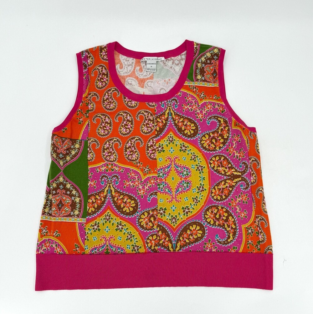 Peter Nygard Sweater Tank Womens 1X Paisley Pink Orange Pullover Patchwork Top